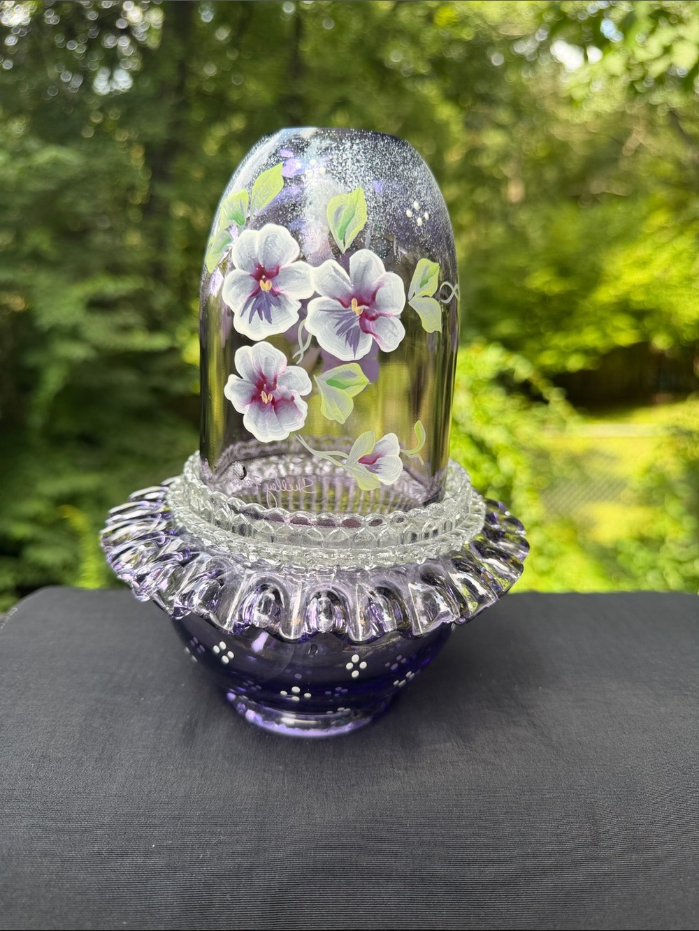 Fenton Hand-Painted Purple 3 Piece Fairy Light with White & Pink Floral Motif